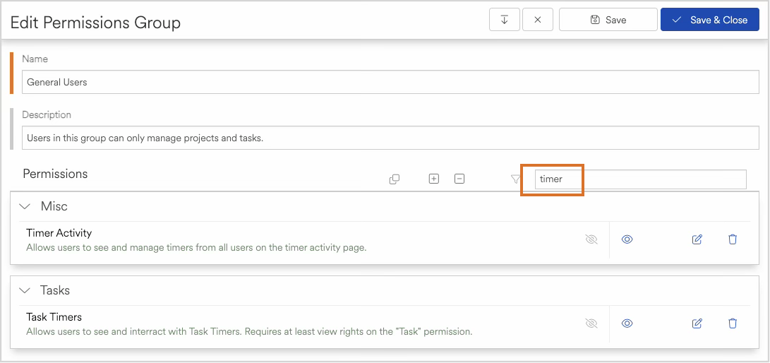 Editing permissions for the General Users group, focusing on timer activity settings.